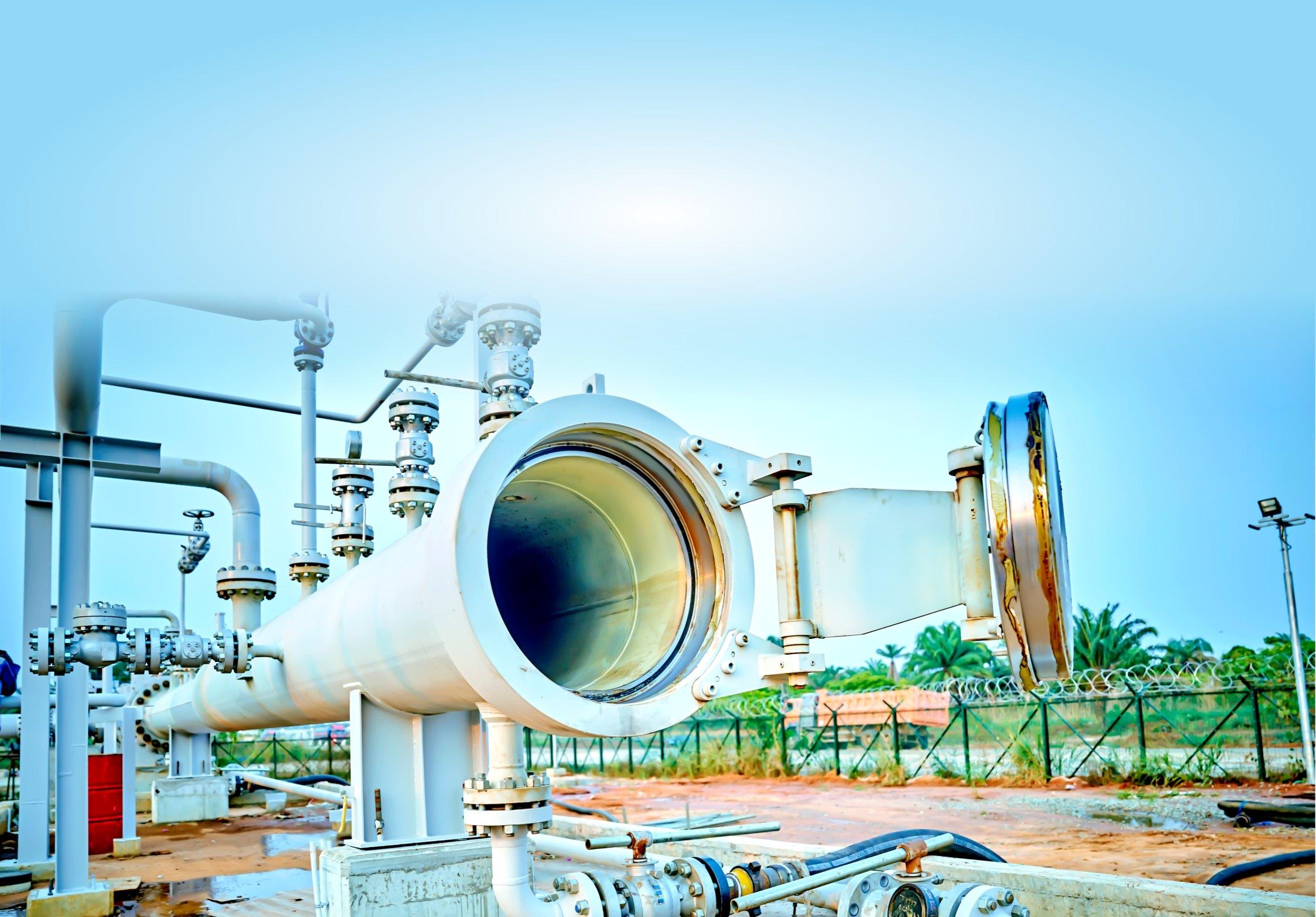 An open pig trap on a large-diameter pipeline at an MJD launching station